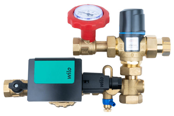 Grupa pompowa AFRISO WZS 75 GW 1'' x 3/4'', z zaworem mieszającym Kvs2.5, z zaworem termostatycznym, z izolacją