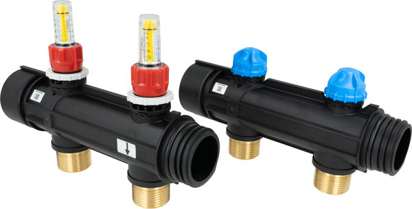 Dwa obiegi rozdzielacza ProCalida IN 1 1/2", rozstaw 100 mm, G1", rotametry 4-20 l/min