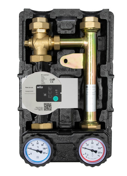 Grupa pompowa AFRISO PrimoTherm K 180-3 DN 25 GW 1'' x 1'', z zaworem mieszającym, z zaworem termostatycznym, z izolacją, z pompą obiegową Wilo Para SC 25/6