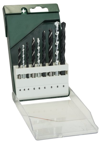 9-częściowy zestaw Wierteł : do metalu HSS-R/do kamienia/drewna 4,0 mm x 75 mm, 6,0 mm x 93 mm, 8,0 mm x 117 mm, 4,0 mm x 75 mm,