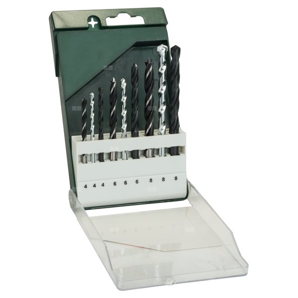 9-częściowy zestaw Wierteł : do metalu HSS-R/do kamienia/drewna 4,0 mm x 75 mm, 6,0 mm x 93 mm, 8,0 mm x 117 mm, 4,0 mm x 75 mm,