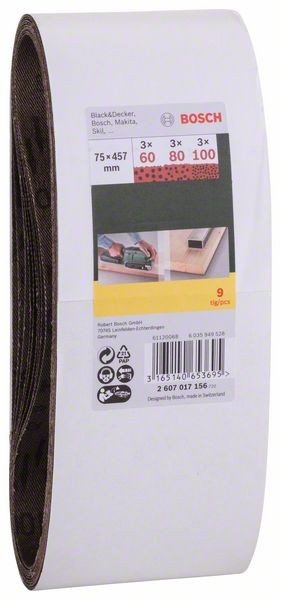 9-częściowy zestaw taśm szlifierskich, 75 x 457 mm, ziarnistość 60, 80, 100