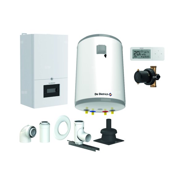 Pakiet - Kocioł gazowy jednofunkcyjny DE DIETRICH MCR4 19 kondensacyjny wiszący 2.5 - 20.7 kW + RegulatorAD248P + Zestaw powietrzno-spalinowy szachtowyBazowy PP/Alu fi 60/100 na fi 60 + Zasobnik c.w.uAQUAvie100 + Filtr magnetyczny XS90