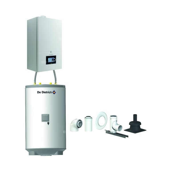 Pakiet - Kocioł gazowy jednofunkcyjny DE DIETRICH Virtuens Smart 32 kondensacyjny wiszący 3.7 - 34.9 kW + Zestaw powietrzno-spalinowy szachtowyBazowy PP/Alu fi 60/100 na fi 80 + Zasobnik c.w.uAQUAvie150
