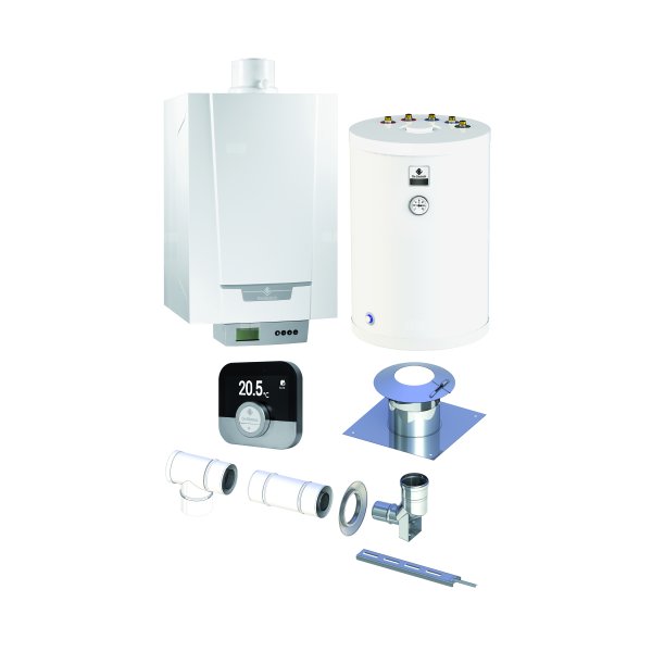 Pakiet - Kocioł gazowy jednofunkcyjny DE DIETRICH MCR3 Evo 24T kondensacyjny wiszący 6.1 - 24.8 kW + RegulatorSMART TC + Zestaw powietrzno-spalinowy szachtowy + Zasobnik c.w.uSRK150MG