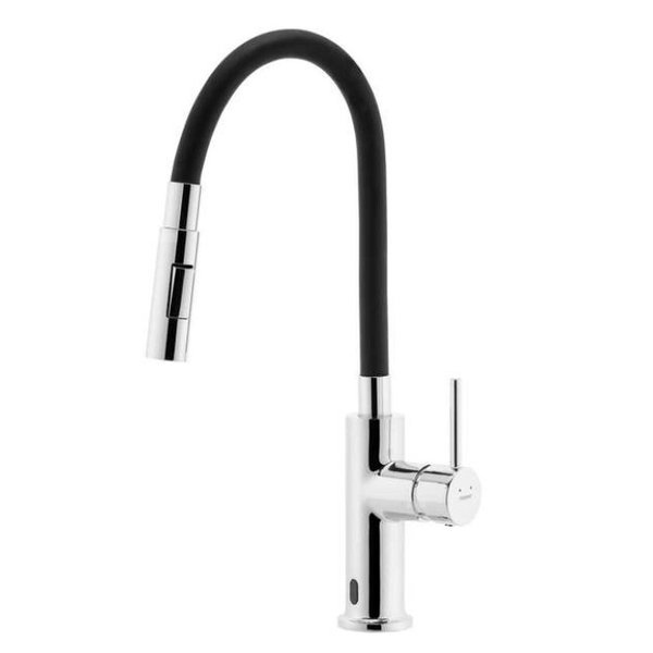 DISTANZA bateria zlewozmywakowa z sensorem, elastyczną czarną wylewką, chrom