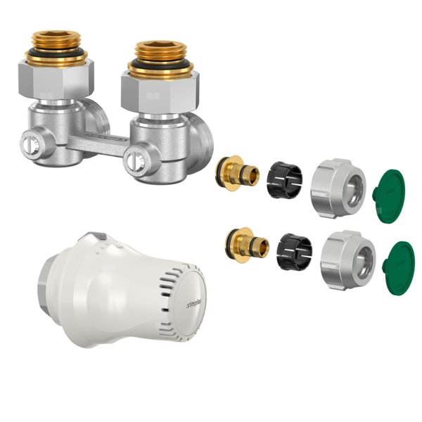 SET INSTALACYJNY (GŁOWICA TER. TC – S4 M30X1,5, DWURUROWY BLOK KURKÓW KĄTOWY ME1/50, NYPLE 1/2" x 3/4", KOMPLET ZŁĄCZA A3 - 16