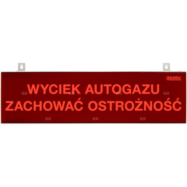 tablica ostrzegawcza "WYCIEK AUTOGAZU ZACHOWAĆ OSTROŻNOŚĆ", podświetlenie czerwone LED, wbudowana cicha syrenka, zasilanie 12/24V