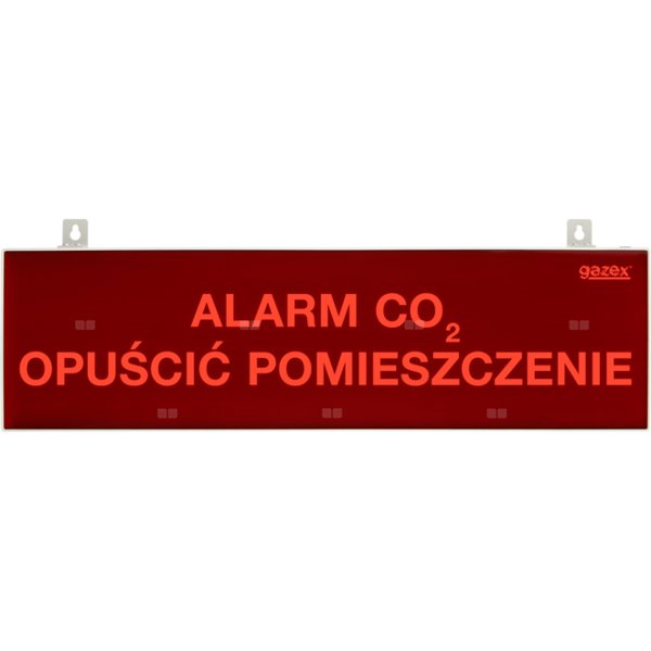 tablica ostrzegawcza "ALARM CO2 OPUŚCIĆ POMIESZCZENIE", podświetlenie czerwone LED, wbudowana cicha syrenka, zasilanie 230V