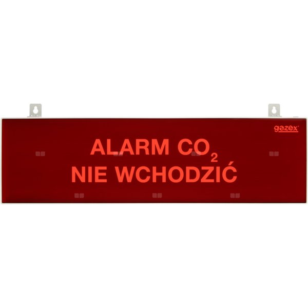 tablica ostrzegawcza "ALARM CO2 NIE WCHODZIĆ", podświetlenie czerwone LED, wbudowana cicha syrenka, zasilanie 230V