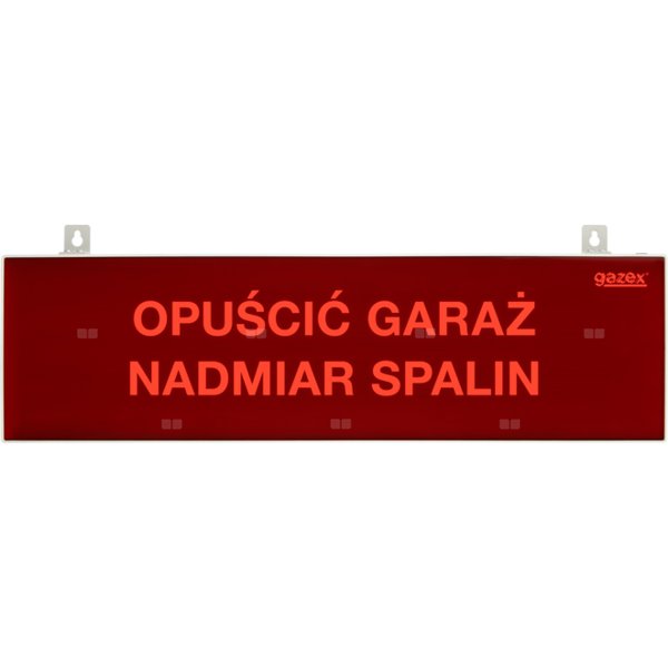 tablica ostrzegawcza "OPUŚCIĆ GARAŻ NADMIAR SPALIN", podświetlenie czerwone LED, wbudowana syrenka, zasilanie 230V