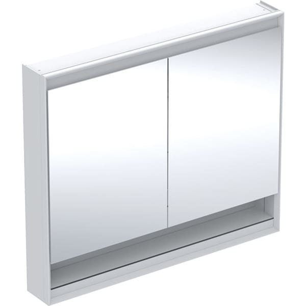 Szafka z lustrem Geberit ONE z wnęką i ComfortLight, z dwoma drzwiami, montaż natynkowy, wysokość 90 cm: B=105cm, Biały / Aluminium malowane proszkowo