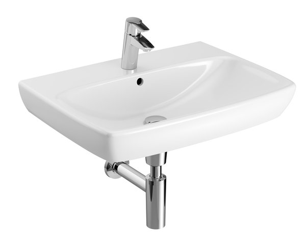 Umywalka GEBERIT Selnova Square prostokątna, biała, 650mm, otwór na baterię na środku, z odpływem przelewowym, półka od ściany