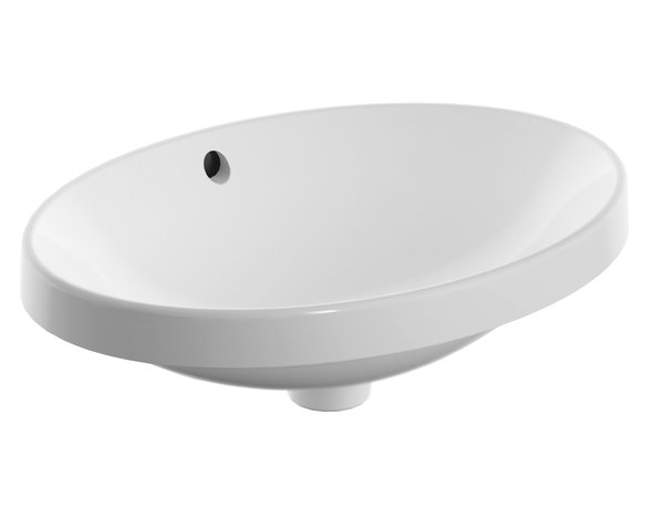 Umywalka GEBERIT Variform eliptyczna, biała, 550mm, bez otworu na baterię, wpuszczana w blat, z odpływem przelewowym, bez półki