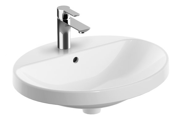 Umywalka GEBERIT Variform eliptyczna, biała, 550mm, otwór na baterię na środku, wpuszczana w blat, z odpływem przelewowym, półka od ściany