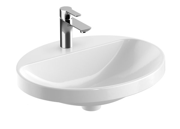 Umywalka GEBERIT Variform eliptyczna, biała, 550mm, otwór na baterię na środku, wpuszczana w blat, bez odpływu przelewowego, półka od ściany