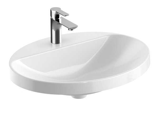 Umywalka GEBERIT Variform eliptyczna, biała, 600mm, otwór na baterię na środku, wpuszczana w blat, bez odpływu przelewowego, półka od ściany