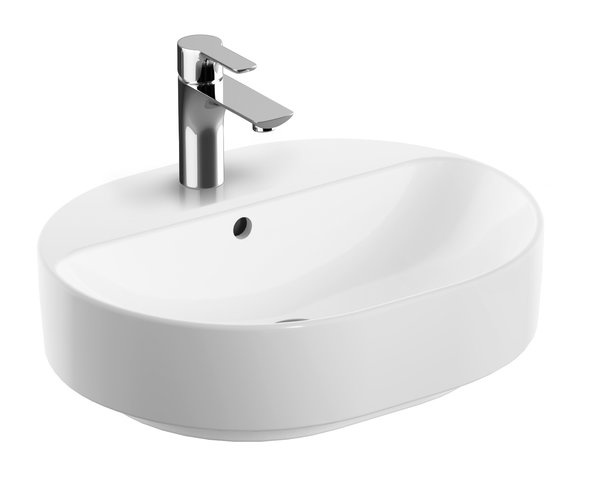 Umywalka GEBERIT Variform eliptyczna, biała / KeraTect, 500mm, otwór na baterię na środku, stawiana na blat, z odpływem przelewowym, półka od ściany