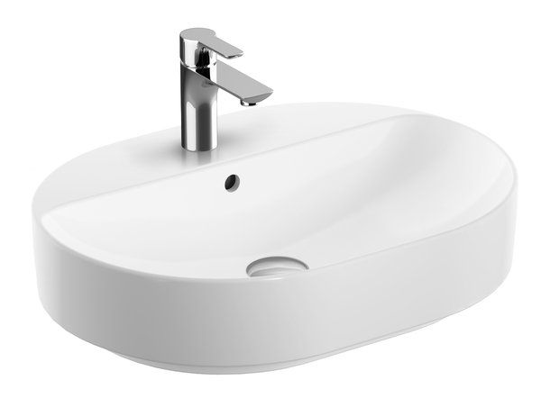 Umywalka GEBERIT Variform eliptyczna, biała / KeraTect, 600mm, otwór na baterię na środku, stawiana na blat, z odpływem przelewowym, półka od ściany
