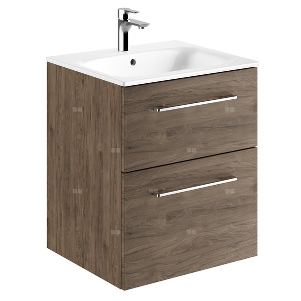 Zestaw umywalki meblowej Geberit Selnova Square, slim rim, z szafką pod umywalkę, z dwoma szufladami: B1=53.8cm, T=50.2cm, Otwór na baterię=Na środku, Przelew=Widoczny, Orzech włoski hickory