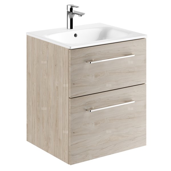 Zestaw umywalki meblowej Geberit Selnova Square, slim rim, z szafką pod umywalkę, z dwoma szufladami: B1=53.8cm, T=50.2cm, Otwór na baterię=Na środku, Przelew=Widoczny, Orzech włoski hickory jasny