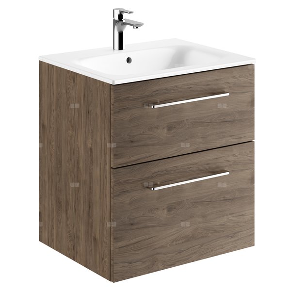 Zestaw umywalki meblowej Geberit Selnova Square, slim rim, z szafką pod umywalkę, z dwoma szufladami: B1=58.8cm, T=50.2cm, Otwór na baterię=Na środku, Przelew=Widoczny, Orzech włoski hickory