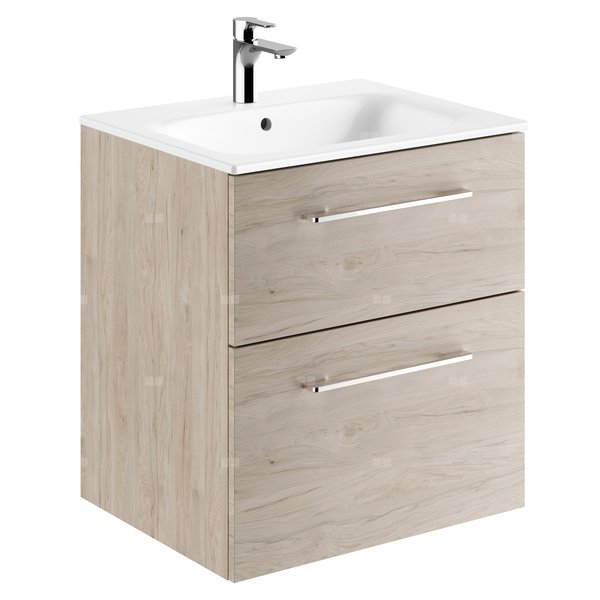 Zestaw umywalki meblowej Geberit Selnova Square, slim rim, z szafką pod umywalkę, z dwoma szufladami: B1=58.8cm, T=50.2cm, Otwór na baterię=Na środku, Przelew=Widoczny, Orzech włoski hickory jasny