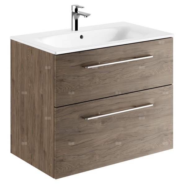 Zestaw umywalki meblowej Geberit Selnova Square, slim rim, z szafką pod umywalkę, z dwoma szufladami: B1=78.8cm, T=50.2cm, Otwór na baterię=Na środku, Przelew=Widoczny, Orzech włoski hickory