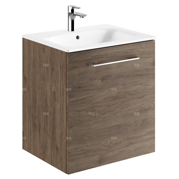 Geberit Selnova Square Zestaw szafki pod umywalkę, z jednymi drzwiami, B60cm, H65.2cm, T50.2cm, orzech włoski hickory, z umywalką meblową, cienki rant, z przelewem, z otworem na baterię