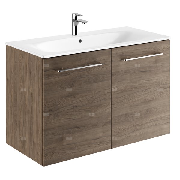 Zestaw umywalki meblowej Geberit Selnova Square, slim rim, z szafką pod umywalkę, z dwoma drzwiami: B1=98.8cm, T=50.2cm, Otwór na baterię=Na środku, Przelew=Widoczny, Orzech włoski hickory