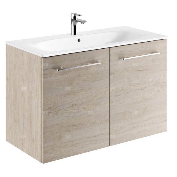 Zestaw umywalki meblowej Geberit Selnova Square, slim rim, z szafką pod umywalkę, z dwoma drzwiami: B1=98.8cm, T=50.2cm, Otwór na baterię=Na środku, Przelew=Widoczny, Orzech włoski hickory jasny