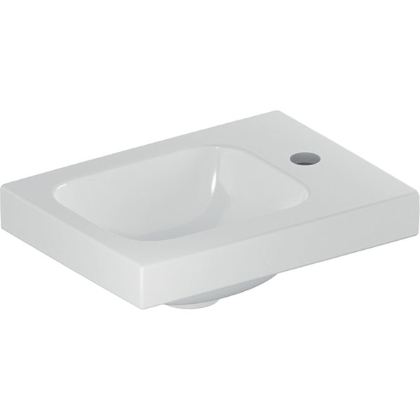 Umywalka GEBERIT iCon Light prostokątna, biała, 380mm, otwór na baterię z prawej, bez odpływu przelewowego, półka z prawej