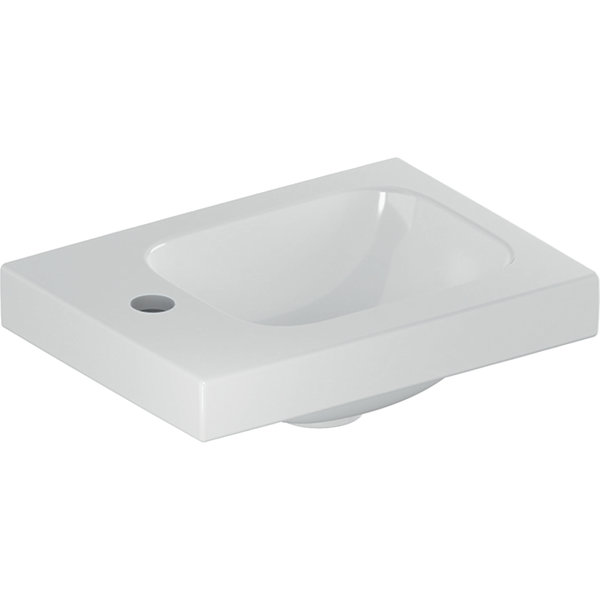 Umywalka GEBERIT iCon Light prostokątna, biała, 380mm, otwór na baterię z lewej, bez odpływu przelewowego, półka z lewej