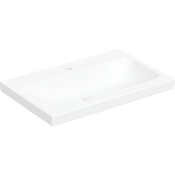 Umywalka GEBERIT iCon Light prostokątna, biała / KeraTect, 750mm, otwór na baterię na środku, stawiana na blat, bez odpływu przelewowego, półka od ściany