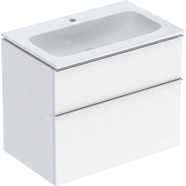 Zestaw umywalki meblowej Geberit iCon slim rim, z szafką pod umywalkę, z dwoma szufladami i zestawem odpływowo-przelewowym do umywalki: B=75cm, Umywalka: biały /KeraTect, Korpus i front: biały / lakierowany na wysoki połysk, Uchwyt: chromowany z połyskiem