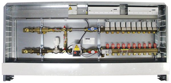 Kompletna stacja regulacyjna 230 V, 50 Hz, do ogrzewania podłogowego oraz dodatkowo do podłączenia 2 grzejników, przyłącze z lew