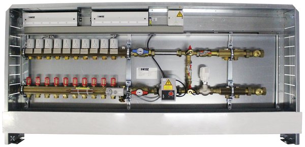 Kompletna stacja regulacyjna 230 V, 50 Hz, do ogrzewania podłogowego oraz dodatkowo do podłączenia 2 grzejników, przyłącze z prawej strony, wymiary 3x