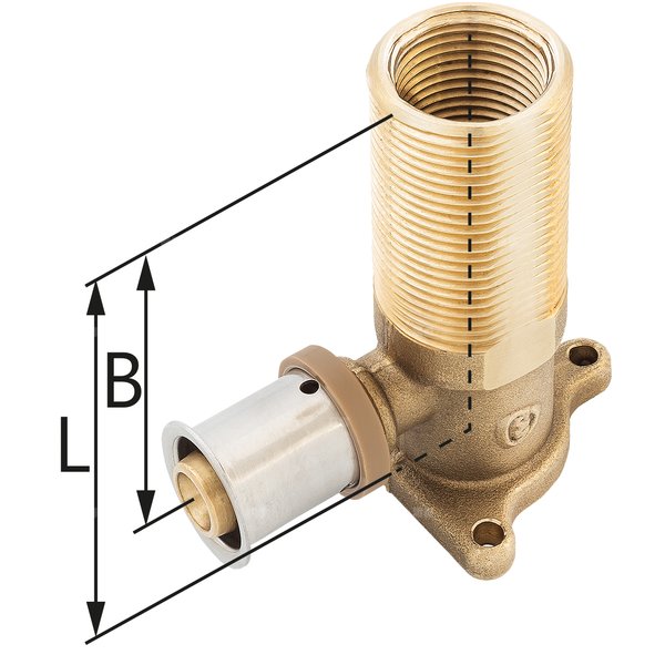 Kolano ścienne mosiężne z uszami do suchej zabudowy GZ/GW ultraPRESS - 16 G1/2'' x G3/4'' L = 78 mm