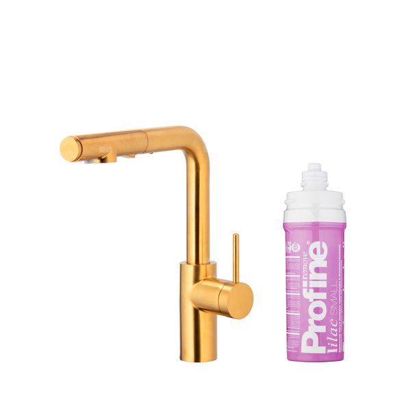 DUERO PURE BASIC PULL-OUT BATERIA KUCHENNA Z FUNKCJĄ FILTRACJI WODY I WYCIĄGANĄ WYLEWKĄ, BRUSHED GOLD + ZESTAW FILTRUJĄCY PROFINE LILAC S