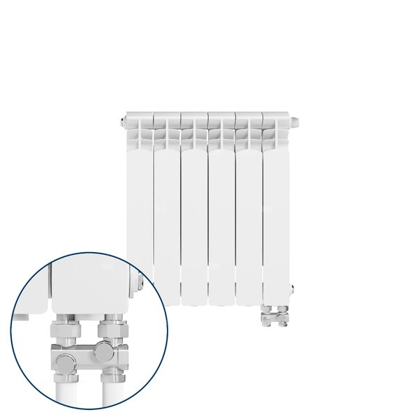 Grzejnik żeberkowy KFA Armatura G500F/D/6 aluminium, podłączenie dolne, prawe, proste 572 x 483 mm, kolor biały