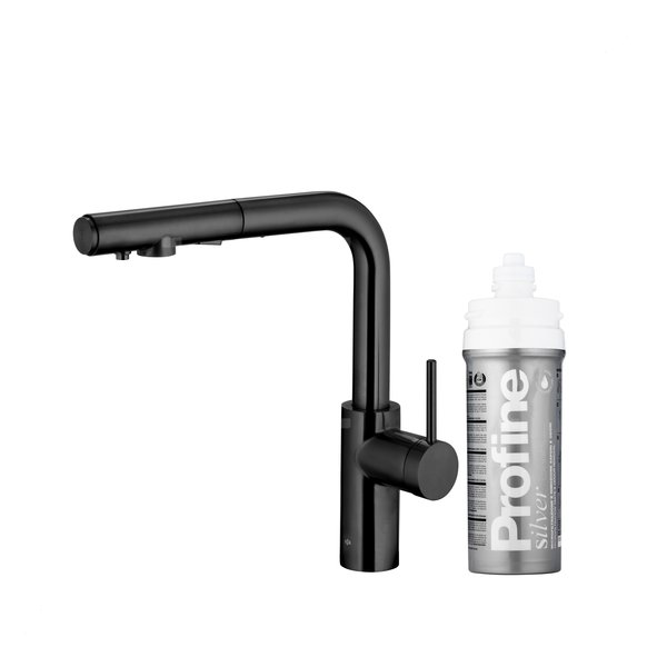 DUERO PURE BASIC PULL-OUT BATERIA KUCHENNA Z FUNKCJĄ FILTRACJI WODY I WYCIĄGANĄ WYLEWKĄ, CZARNA + ZESTAW FILTRUJĄCY PROFINE SILVER S