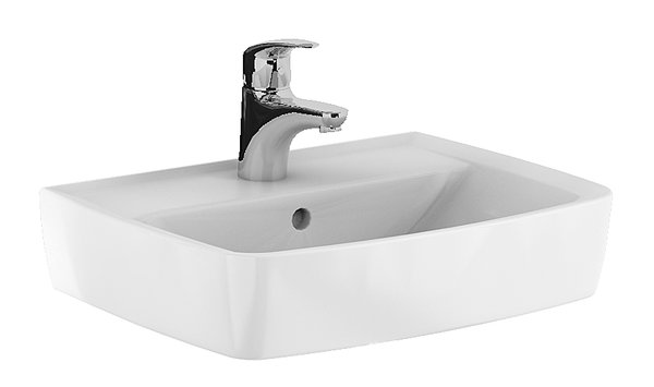 Umywalka mała Koło Rekord, kształt geometryczny: 50x38cm, Otwór na baterię=Na środku, Przelew=Widoczny, Biały