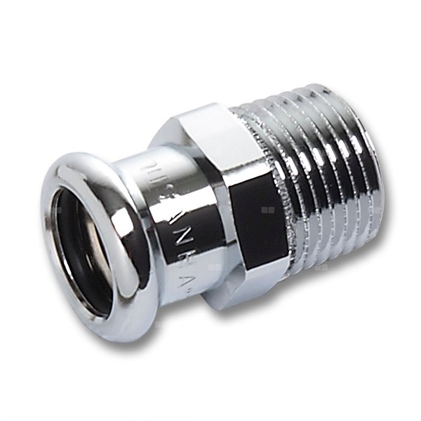 Nypel SANHA Press, miedź (chromowanie), 22 mm x 3/4'' (zw x GZ)