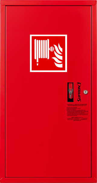 Hydrant DN33 zawieszany boczny, wąż 20m, ocynk fasada, zamek patent, RAL 3000 lewy