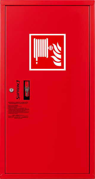 Hydrant DN33 zawieszany boczny, wąż 20m, ocynk fasada, zamek patent, RAL 3000 prawy