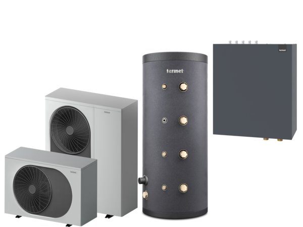 Pakiet 4 - Pompa ciepła powietrzna powietrze-woda monoblok TERMET Heat Gold 15 DC 12 kW 380 V + Zasobnik buforowy TERMET ENERGY 200 + Moduł hydrauliczny T-Box 18 PG HP