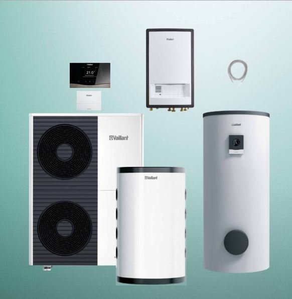 Pakiet Systemowy OZE - Pompa ciepła powietrzna powietrze-woda monoblok VAILLANT VWL 125/6A aroTHERM plus 12.2 kW 400 V + Moduł naścienny MEH 97/6 + Moduł komunikacji internetowej VR 940f + Zasobnik c.w.u. VIH RW 300/3BR + Zasobnik buforowy VP RW 100 + Regulator sensoCOMFORT VRC 720