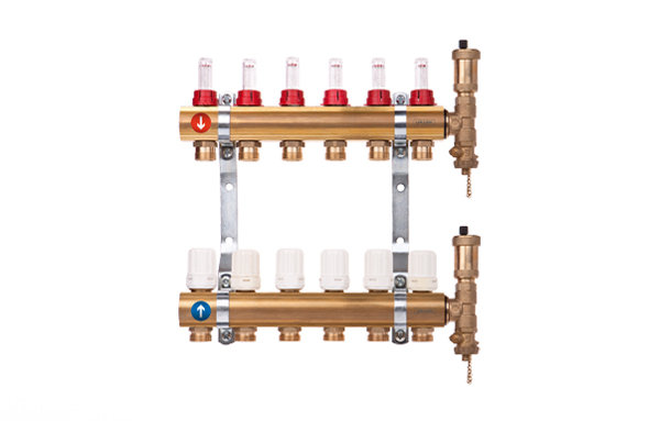 Rozdzielacz hydrauliczny VALVEX Proff K5-3 mosiądz, odgałęzień: 3 (1/2''), do CO + zawory termostatyczne + przepływomierze