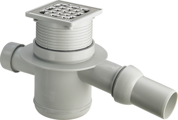 Wpust VIEGA 49214 z 1 przyłączem DN 50, odpływ pionowy, kratka 100x100mm stal